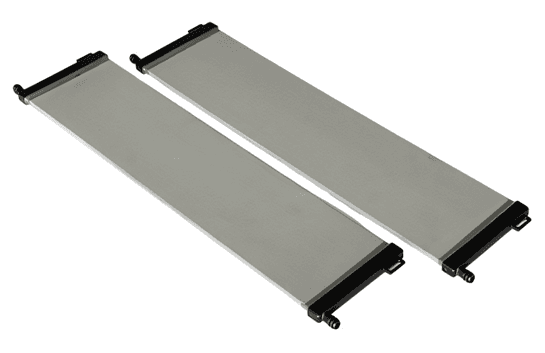 Two long, flat flexible ribbon cables lying parallel to each other on a white background.